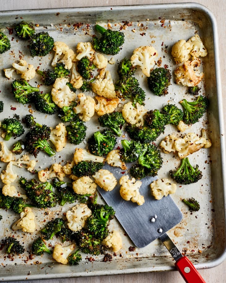 broccoli and cauliflower roasted on a sheet pan