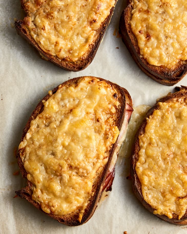 baked croques monsieur on a sheetpan