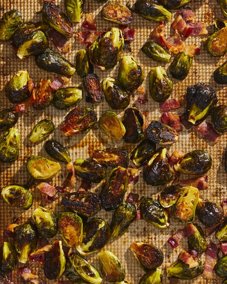 Maple bacon Brussels Sprouts on roasting sheet.