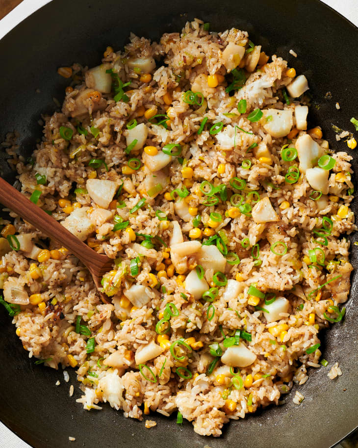 scallop fried rice in a pan