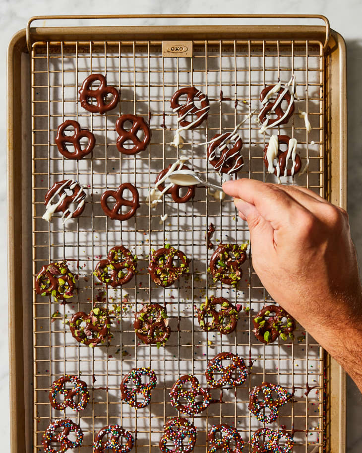 chocolate covered pretzels on a surface