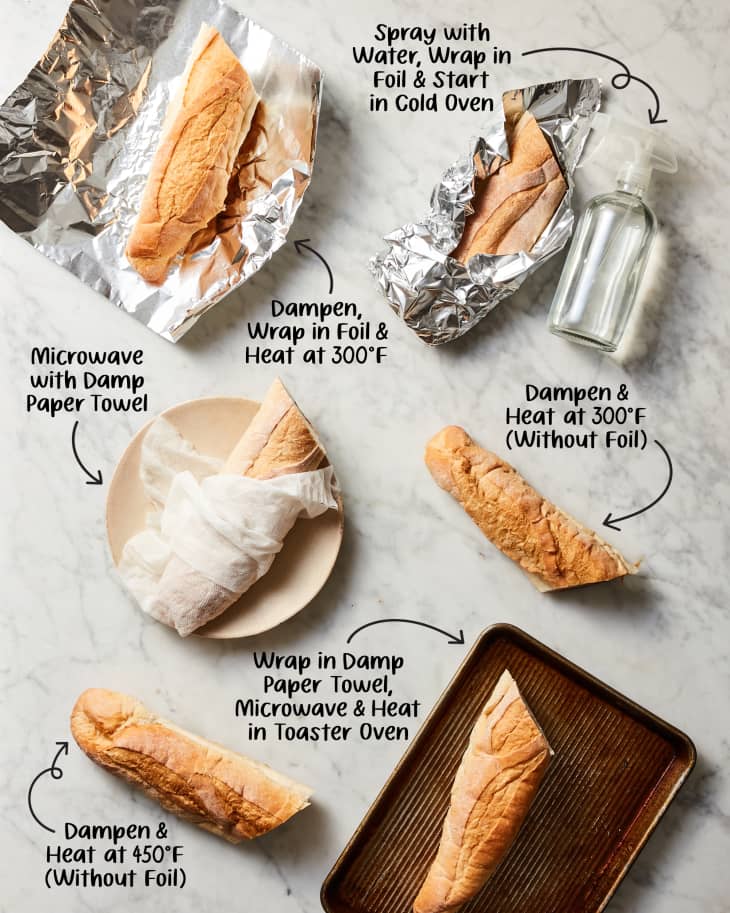 stale bread and the different methods to revive it shown on marble surface