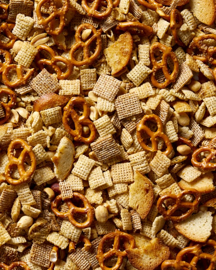 Close up view of chex mix.