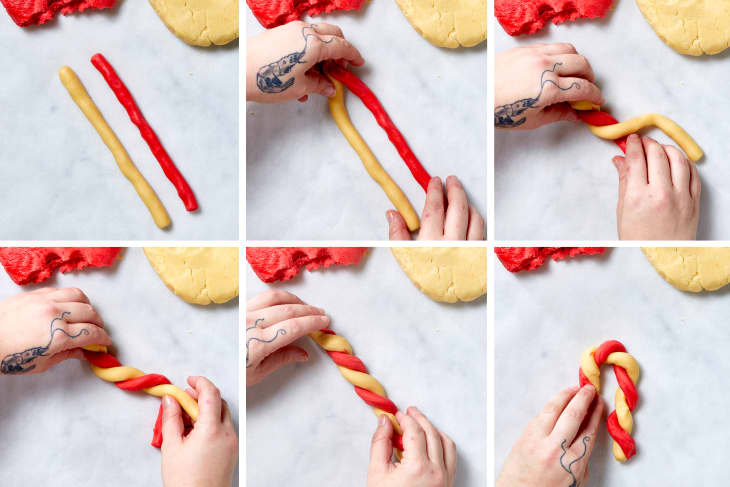Grid of photos with how-to steps in making Candy Cane Cookies