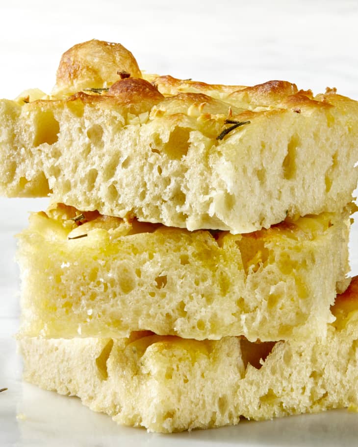 Head on shot of 3 stacked pieces of focaccia.
