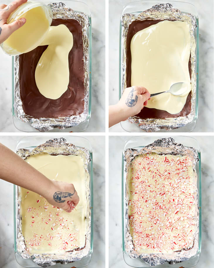 4 steps in making/topping peppermint bark