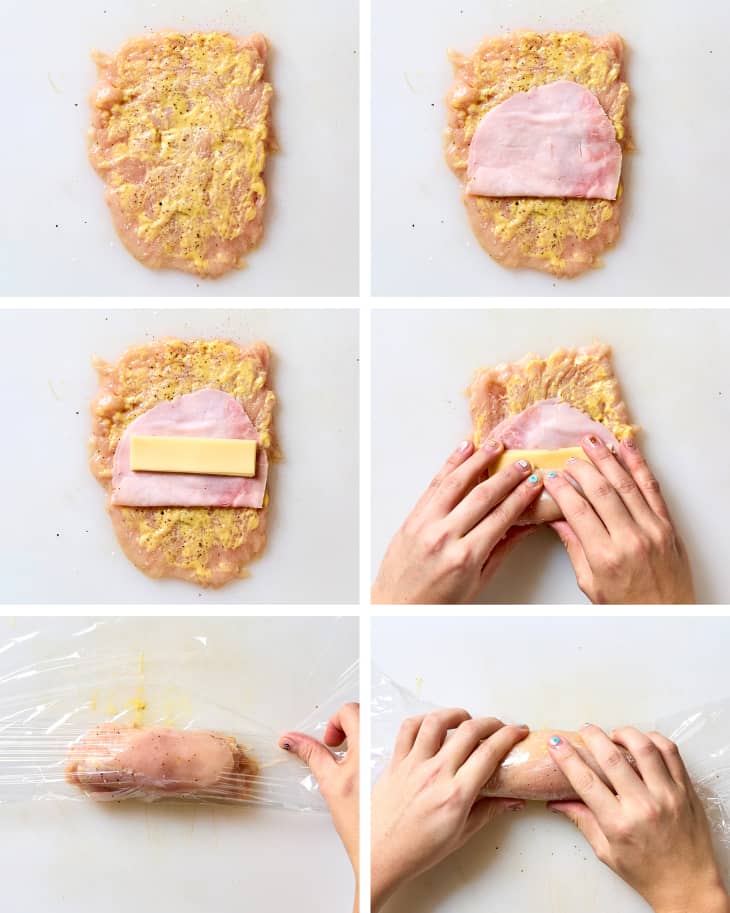 6 photos showing steps to make chicken cordon bleu