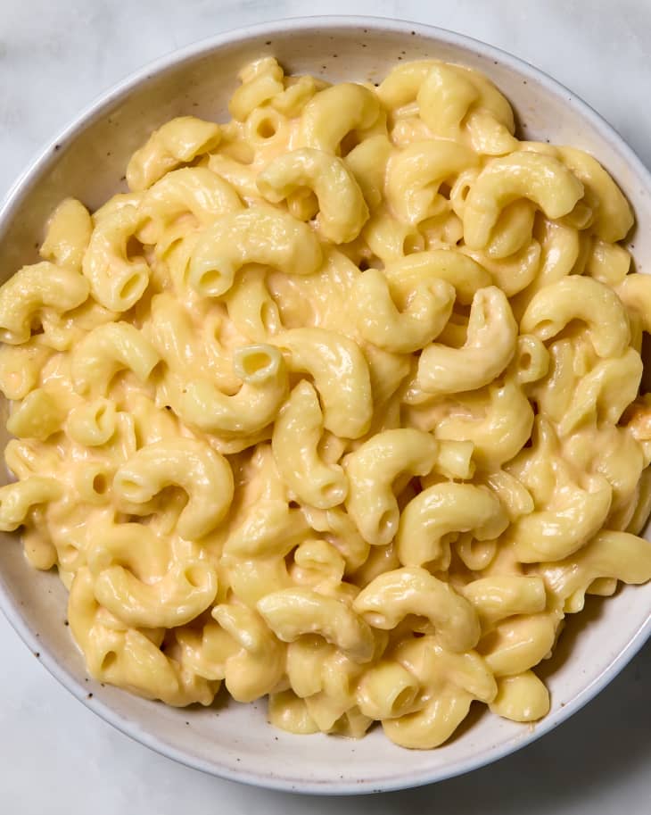 Overhead shot of mac and cheese in a small bowl.