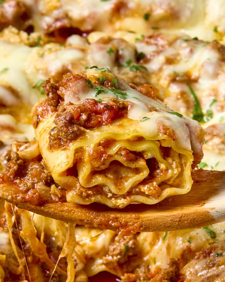 A side view showing the tight spiral of a lasagna rollup.