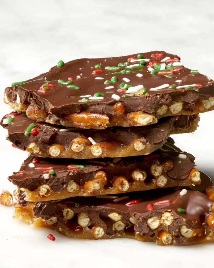 Head on shot of pretzel toffee pieces stacked on top of each other.