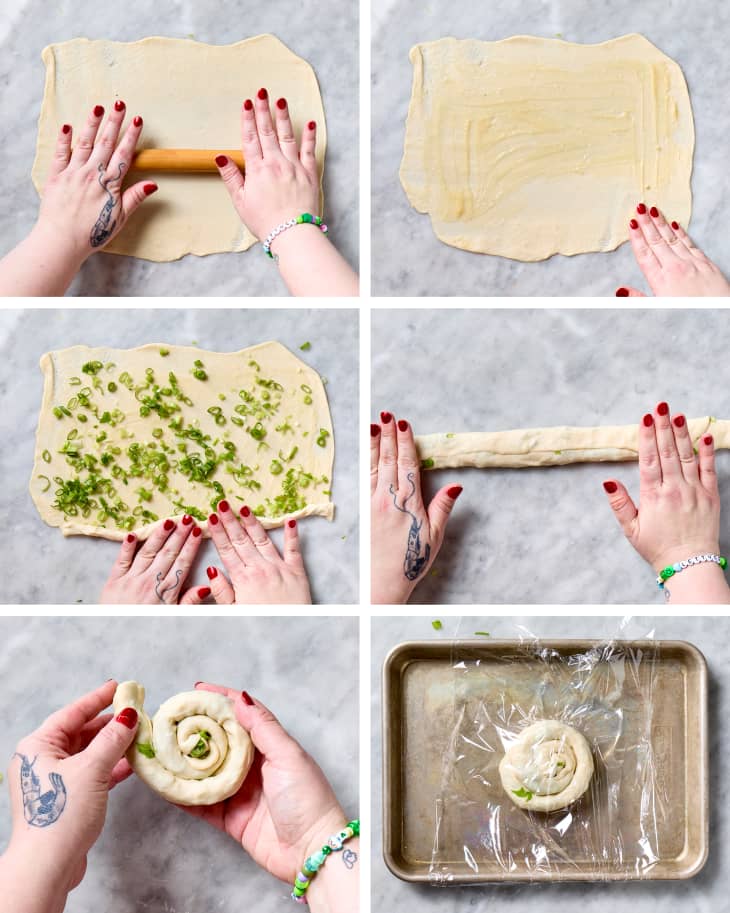 Grid of photos showing 6 steps in making scallion pancakes
