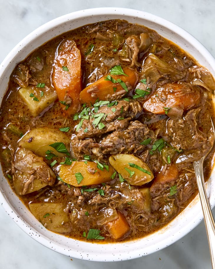 A bowl of slow-cooked beef stew,