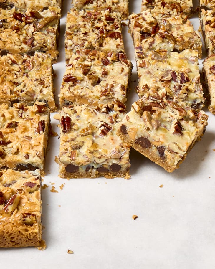 angled shot of a bunch of magic cookie bars in a grid.