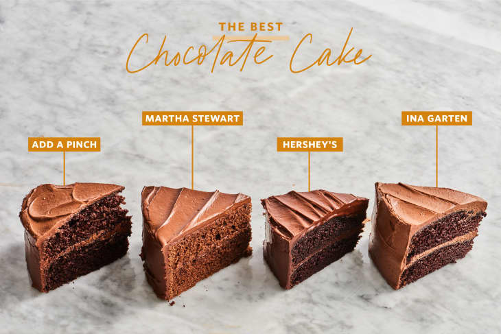 An illustration of The Best Chocolate Cake, with four slices from Add a Pinch, Martha Stewart, Hershey's, and Ina Garten