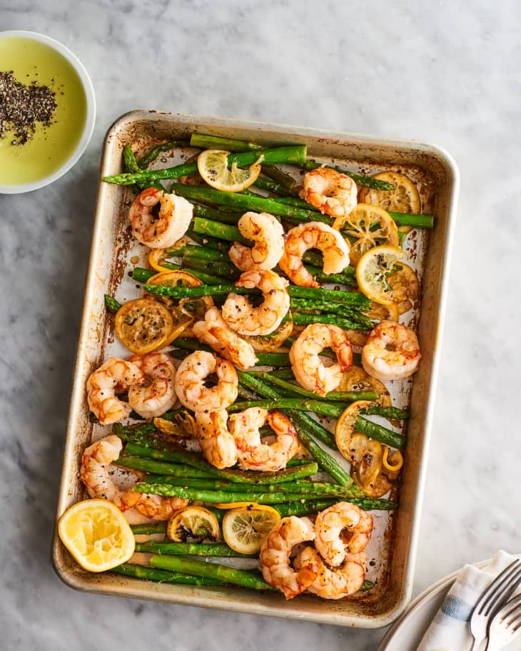 Roasted shrimp and asparagus in a sheet pan
