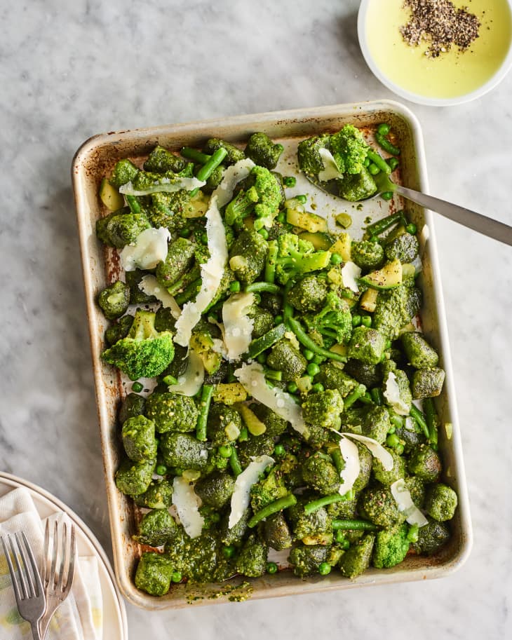 roasted kale gnocchi and broccoli on a sheet pan