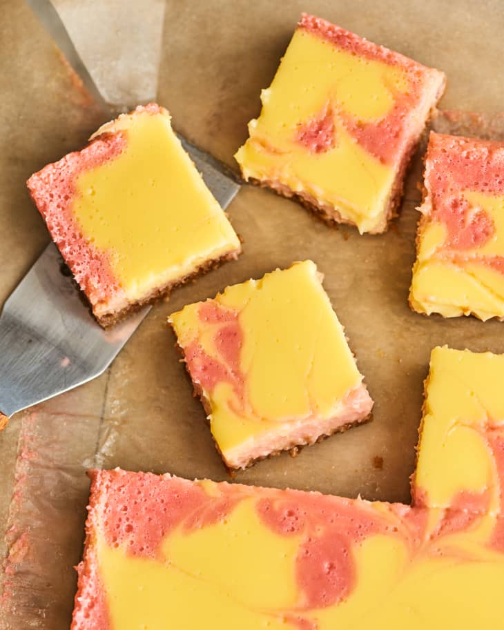 closeup of rhubarb cheesecake bars