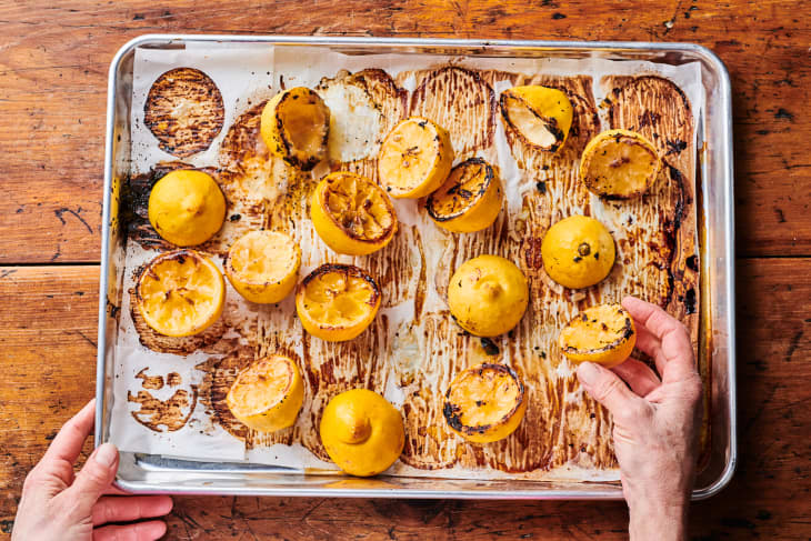 roasted lemons on a sheet pan