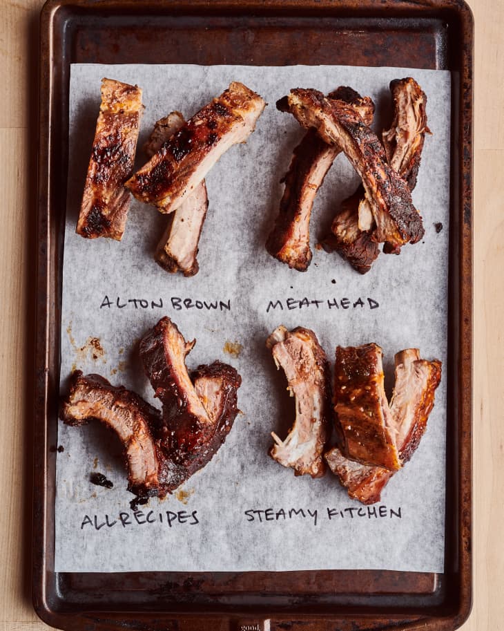 4 different rib recipes gridded out on a baking sheet