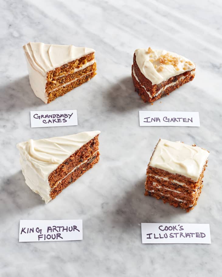 Various carrot cakes lined up and labeled; clockwise: Ina Garten, Cook's Illustrated, King Arthur Flour, Grandbaby Cakes.