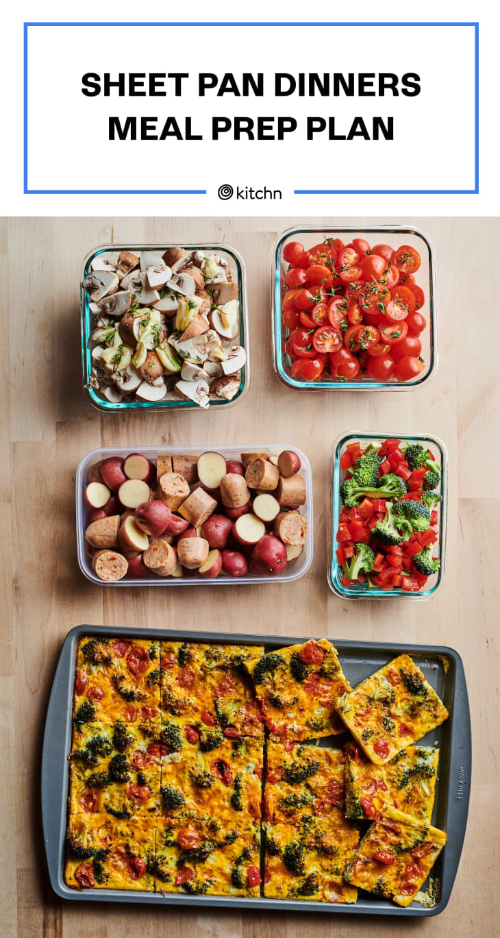 Power Hour sheet pan dinner ingredients prepped on countertop. Top row: mushrooms and tomatoes; middle row: sausage with potatoes and broccoli with peppers; bottom row: frittata in sheet pan.