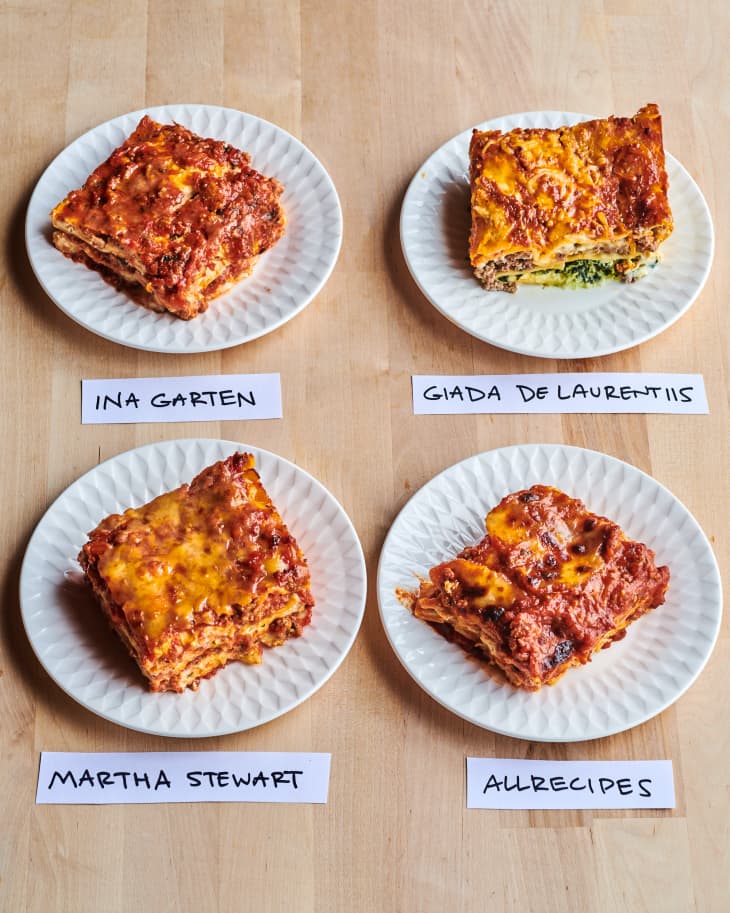 Various types of lasagna showcased and labeled on countertop; top row, left to right: Ina Garten, Giada de Laurentiis, Bottom row, left to right: Martha Stewart, Allrecipes.