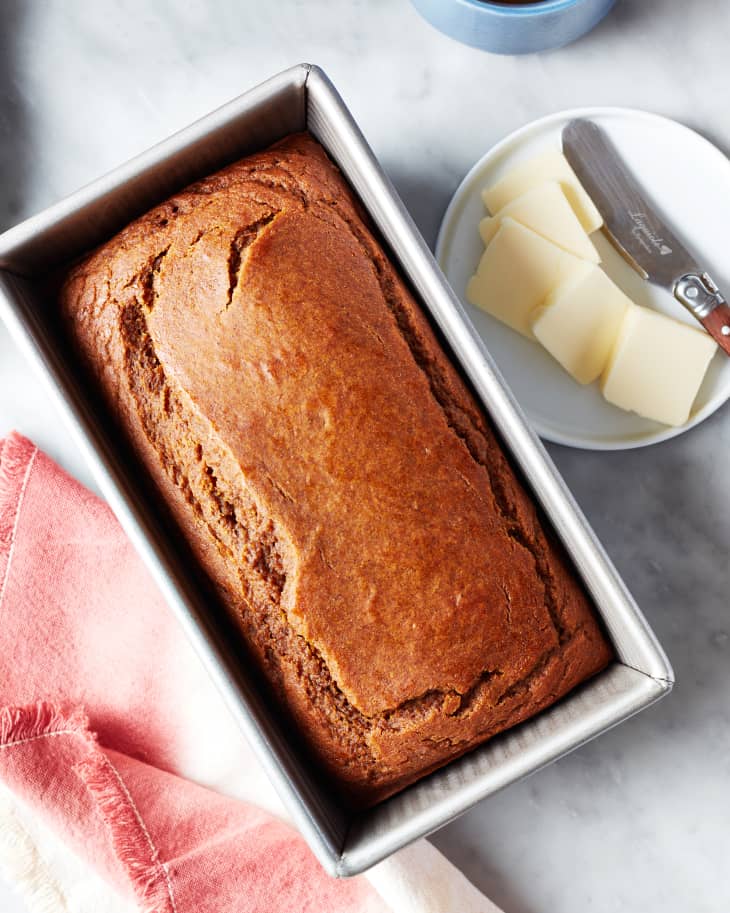 Allrecipes' pumpkin bread in loaf pan.