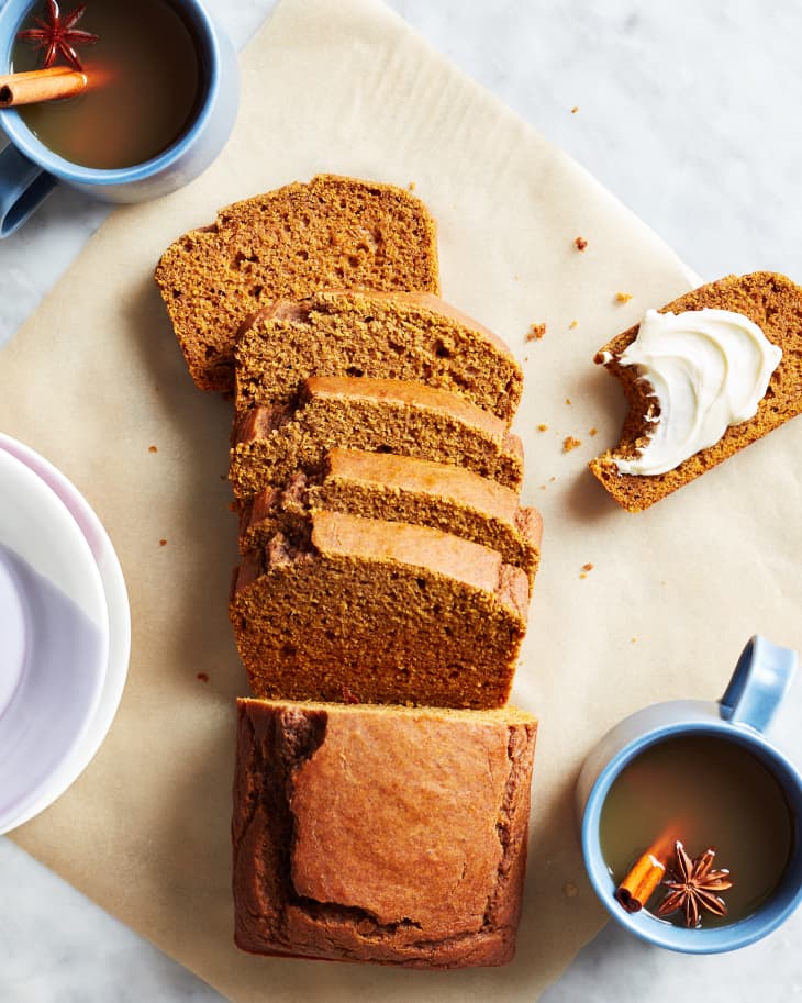 Allrecipes' pumpkin bread sliced.