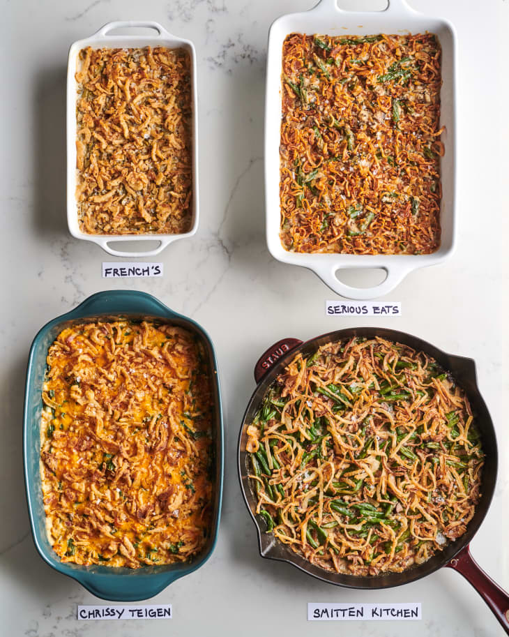 Various green bean casseroles laid out on countertop and labeled; clockwise: Serious Eats, Smitten Kitchen, Chrissy Teigen, French's.