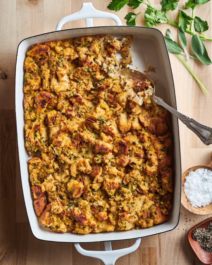 Kish Family's “Two-Bread Stuffing” in baking dish with serving spoon inside dish.