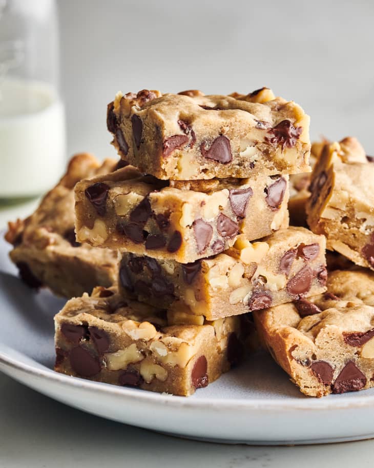 blondies sit on top of each other on a plate