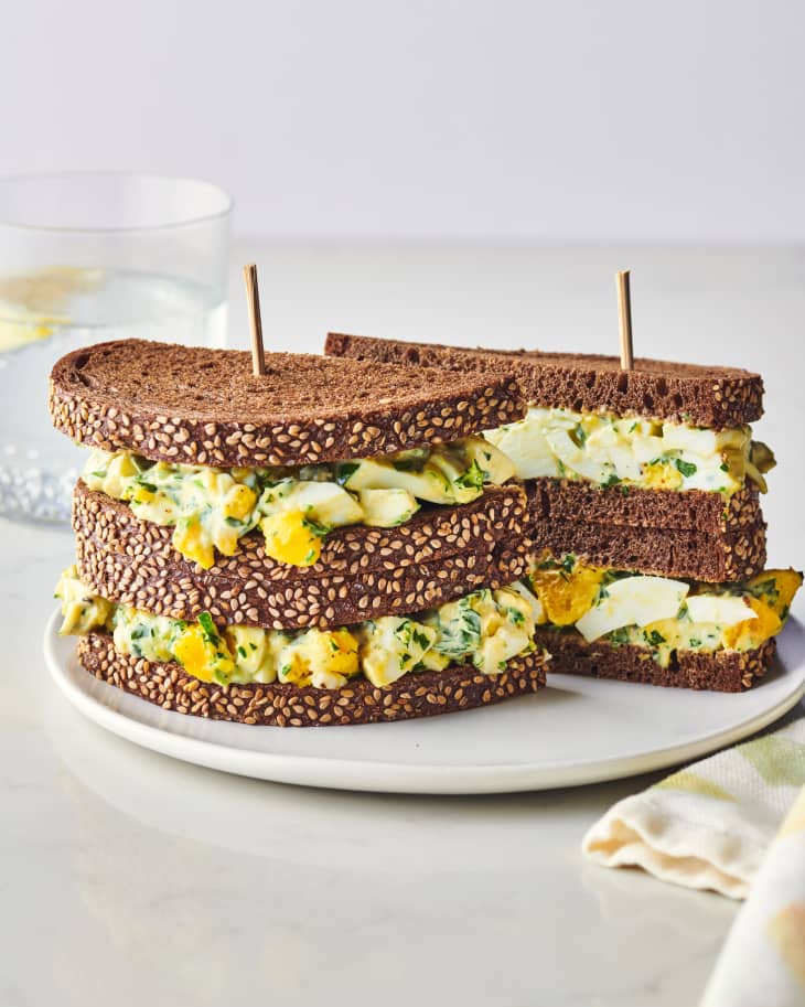 egg salad on doulbe-decker sandwiches
