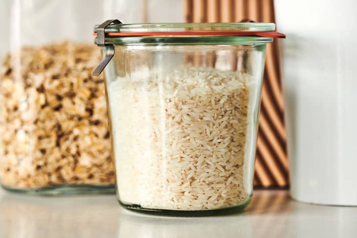 long grain rice in a glass storage container