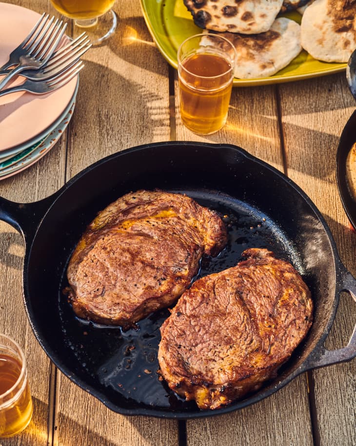 Steaks in a cast iron pan