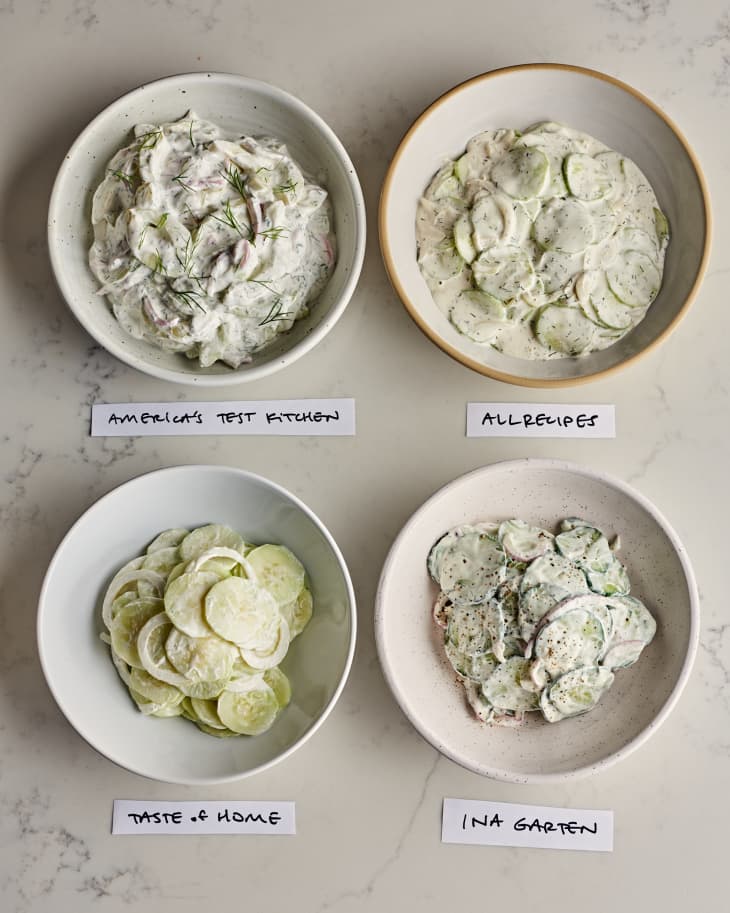 cucumber salad bowls lined up together