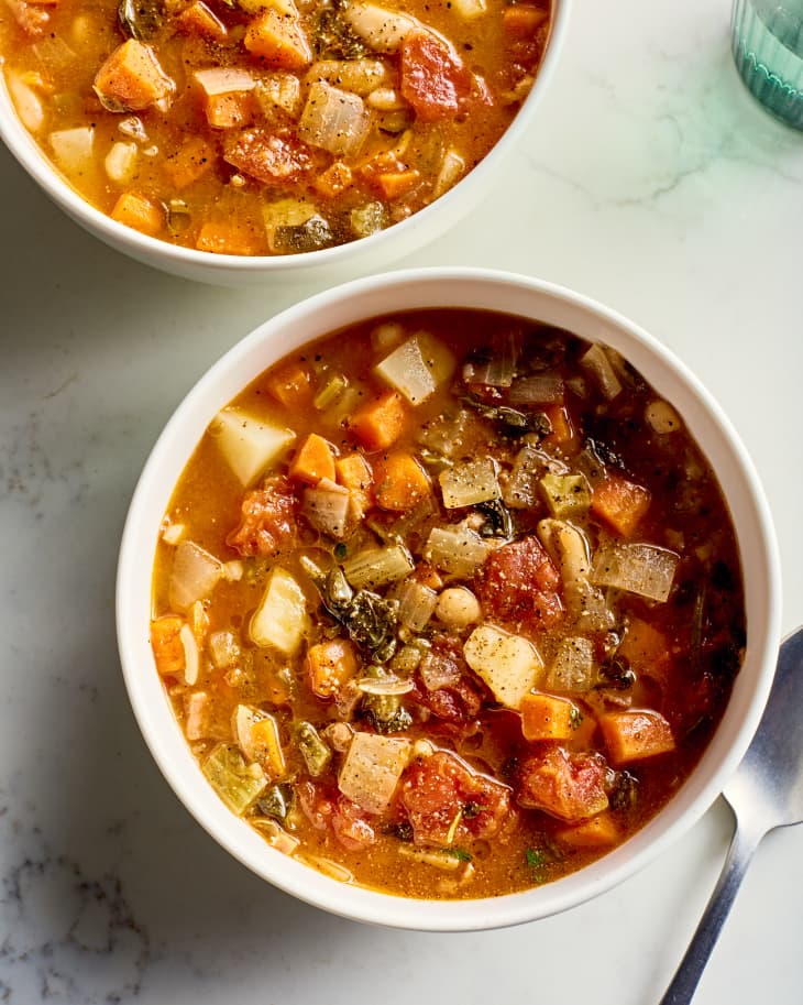 two bowls of minestrone soup