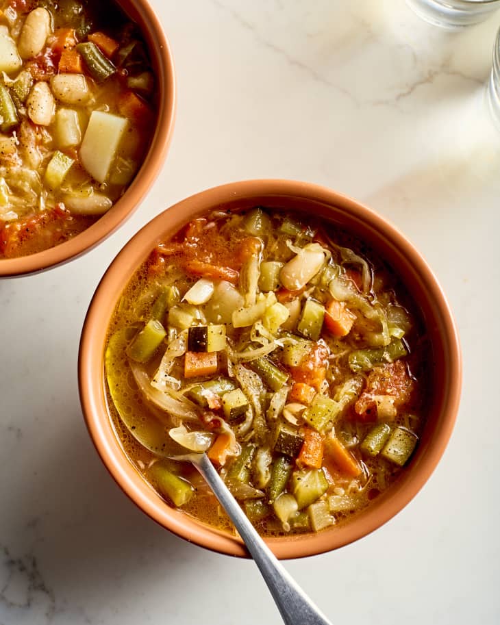 two bowls of minestrone soup