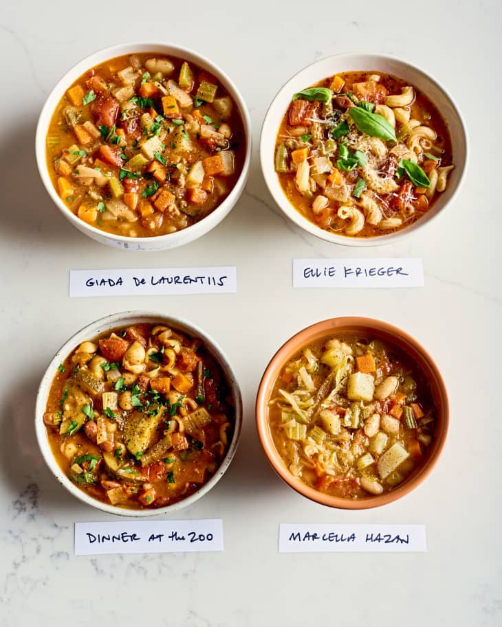 four labeled bowls of minestrone soup