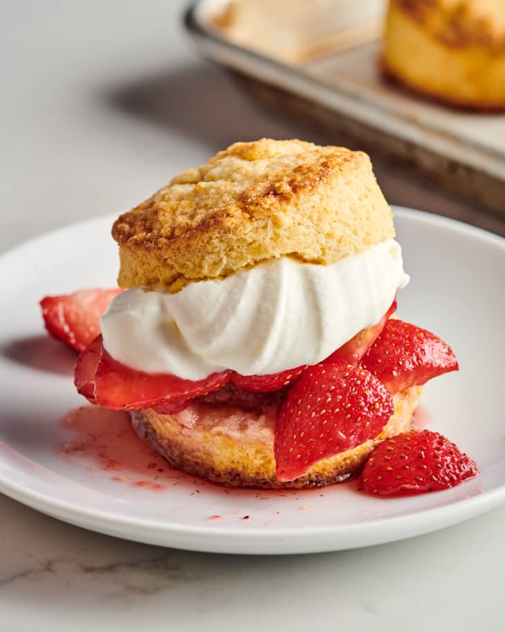 strawberry shortcake sits on a plate finished
