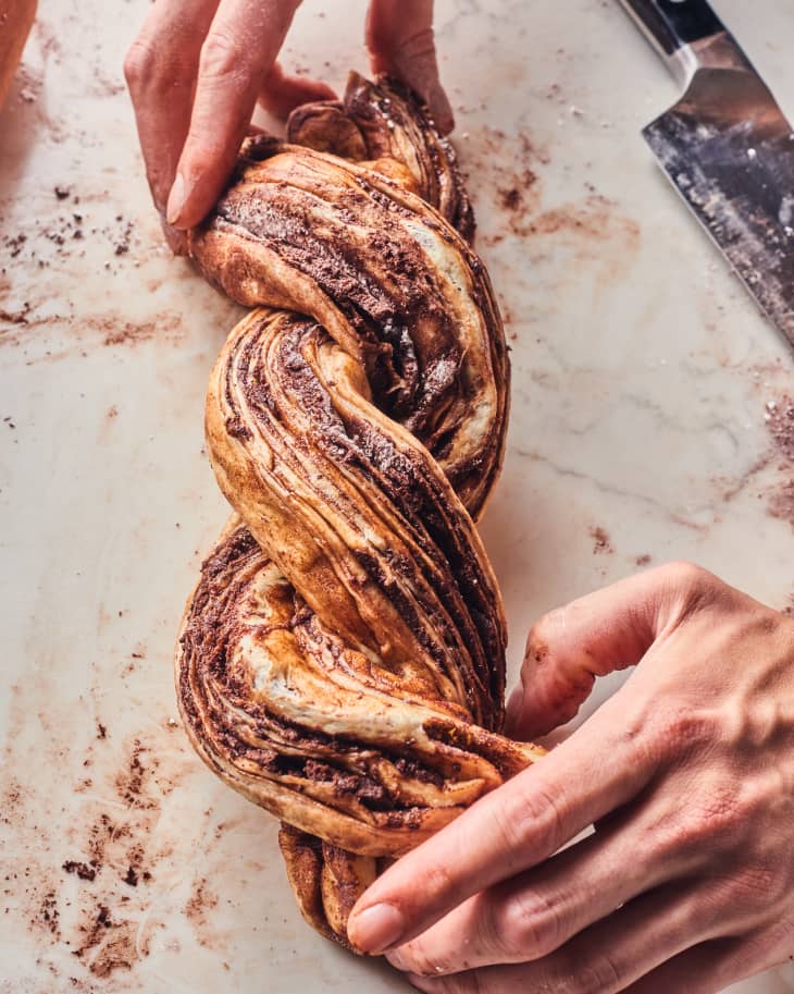 babka dough being rolled and twisted