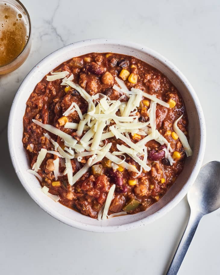 chili in a bowl with cheese