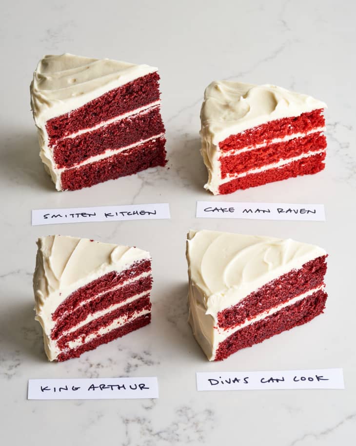 four slices of red velvet cake, labeled with their recipe authors.