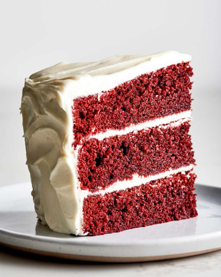 hero shot of a slice of red velvet cake cake on a plate