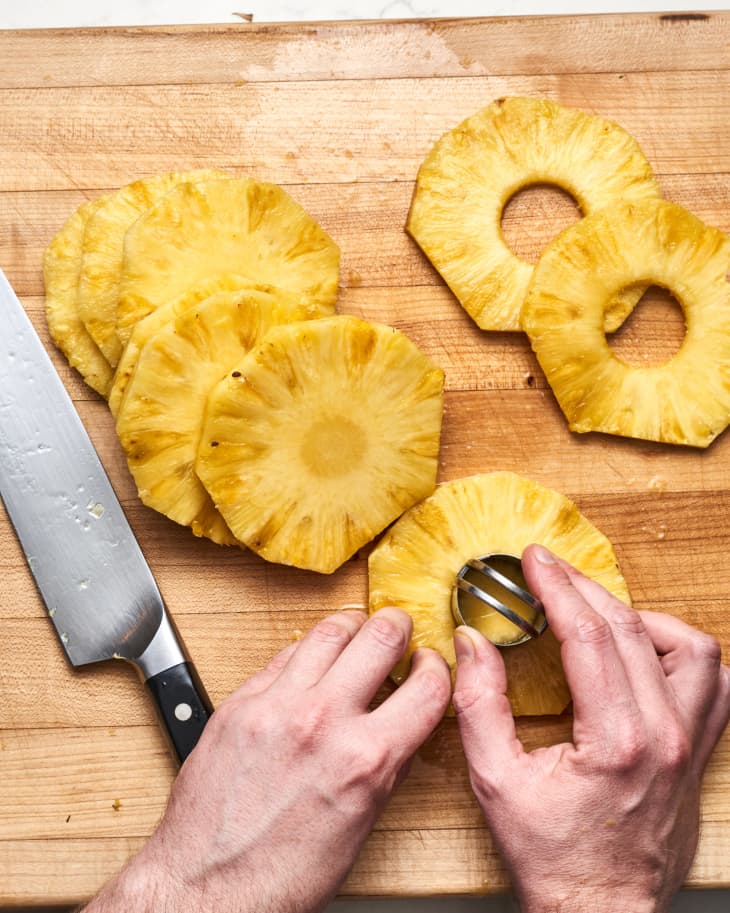 pineapple sliced and cored with a cookie cutter tool