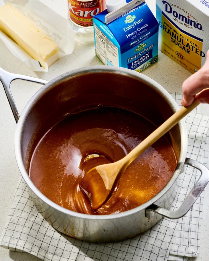 caramel sauce in a pot with cream and sugar