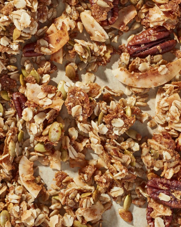 Clumpy granola made using bran flake cereal, wheat germ, and egg white method.