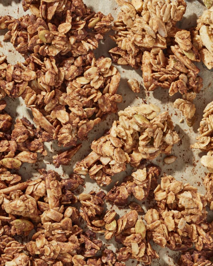 Clumpy granola made with chickpea flour method.