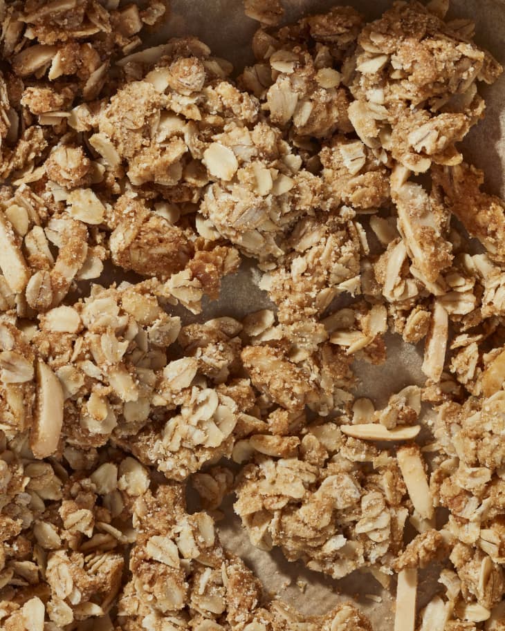 Clumpy granola made using flour and baking pan method.