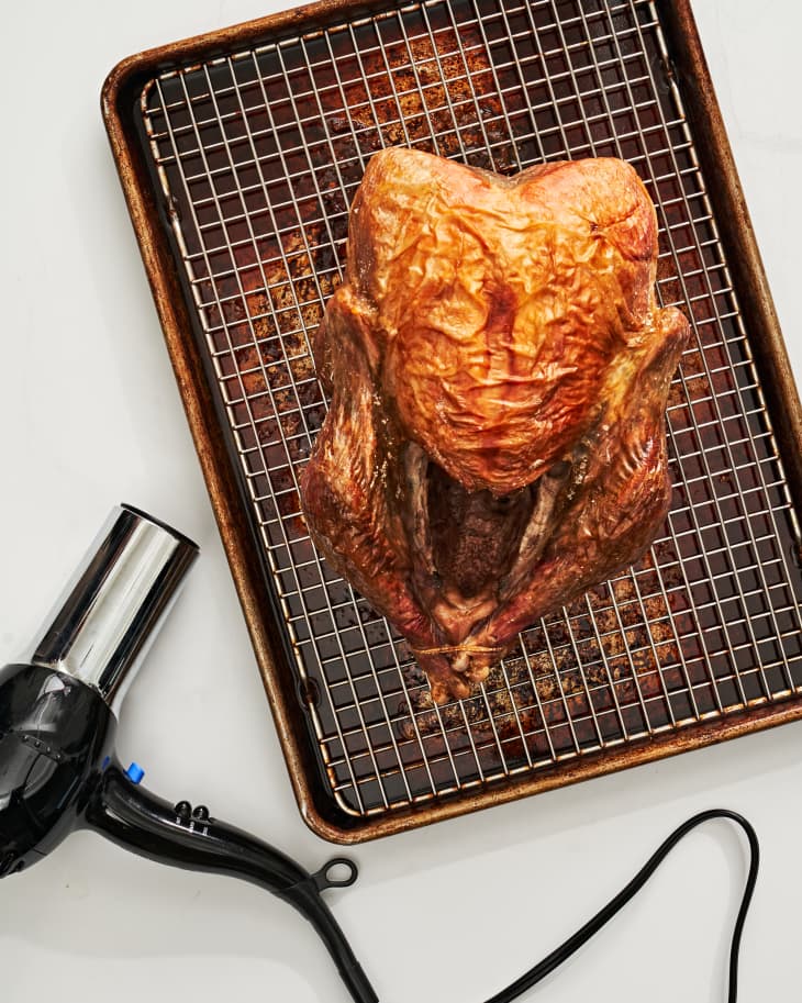 turkey with cooking method near it on baking rack