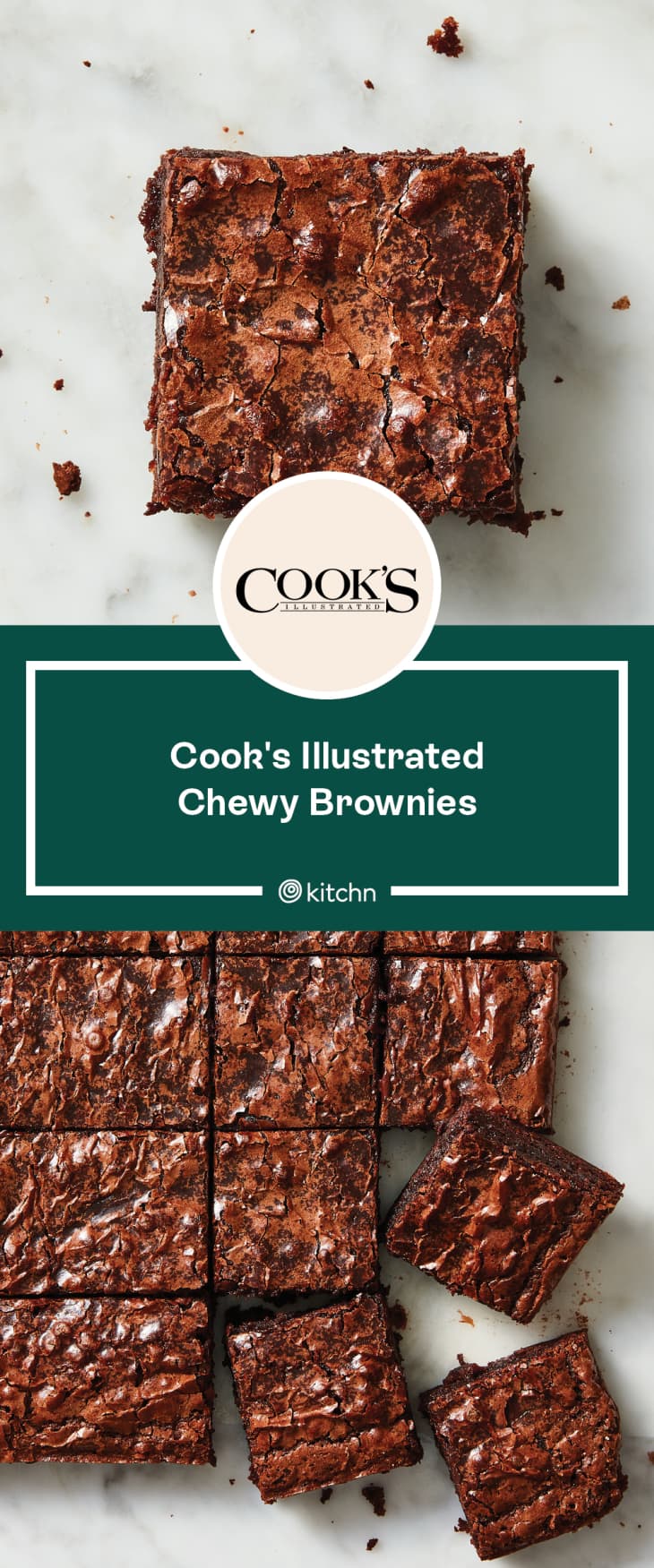 A graphic featuring overhead photos of a brownies made with a recipe from Cook's Illustrated.